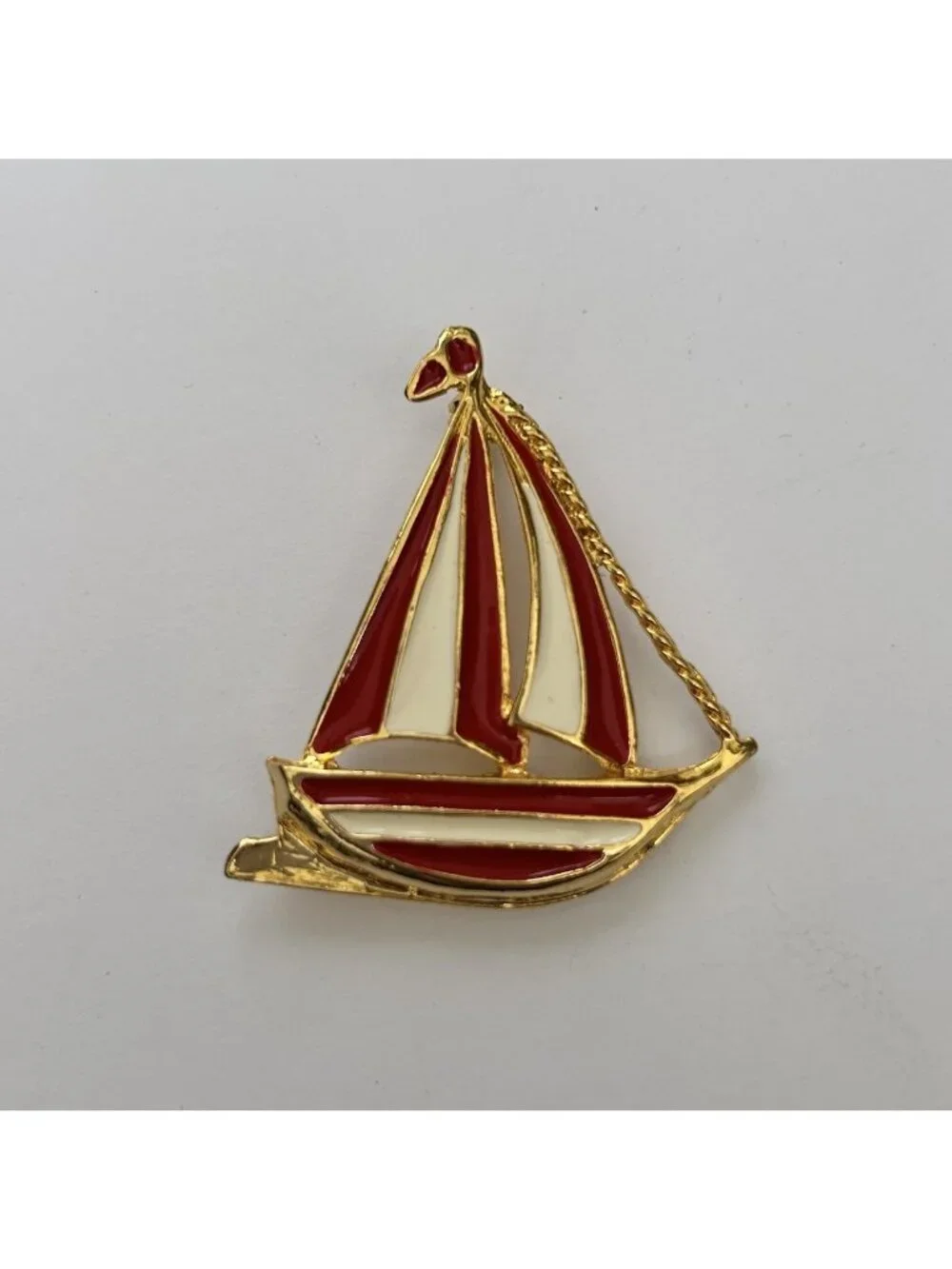 Vintage Sailboat Brooch Pin Nautical Enamel Red White Striped Goldtone Preppy
